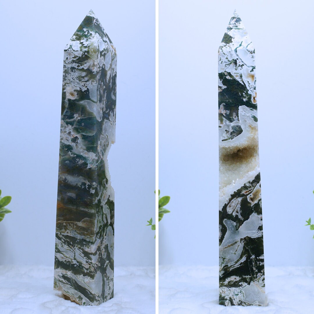 HUGE XL Moss Agate Tower Crystal Wand Point Green Crystal Tower Healing Obelisk-Spiritual Protection Meditation Energy Reiki