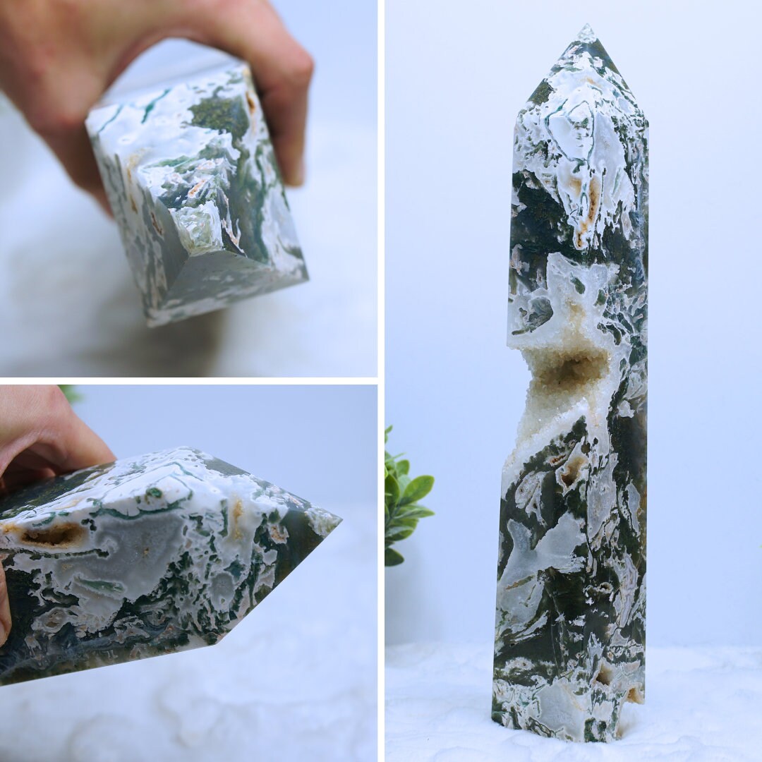 HUGE XL Moss Agate Tower Crystal Wand Point Green Crystal Tower Healing Obelisk-Spiritual Protection Meditation Energy Reiki