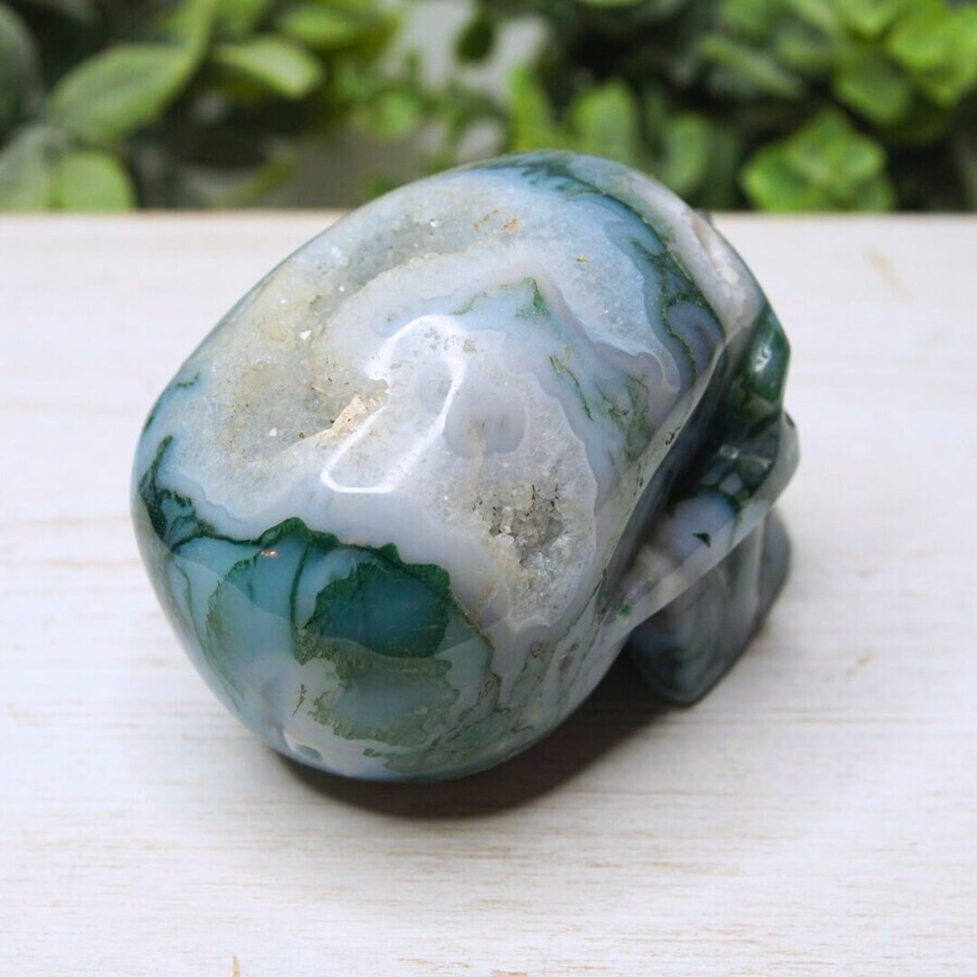 Moss Agate Carving Skull Druzy Healing Stone Crystal Sculpture Energy Goddess Body Energy Reiki Altar