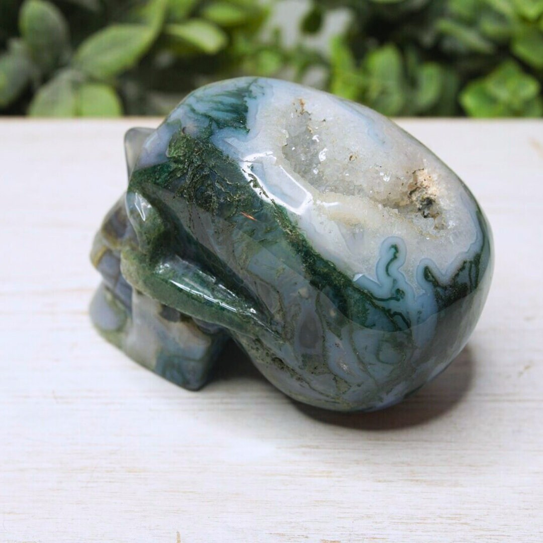 Moss Agate Carving Skull Druzy Healing Stone Crystal Sculpture Energy Goddess Body Energy Reiki Altar