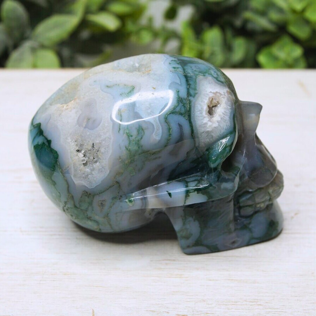 Moss Agate Carving Skull Druzy Healing Stone Crystal Sculpture Energy Goddess Body Energy Reiki Altar