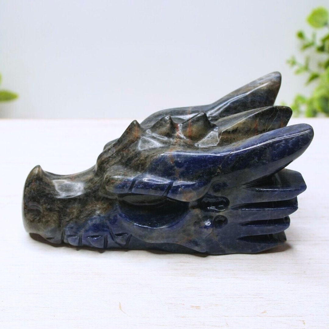 Lapis Dragon Head Carving Skull Sculpture Spiritual Meditation Energy Reiki Crystal Quartz Altar Feng Shui