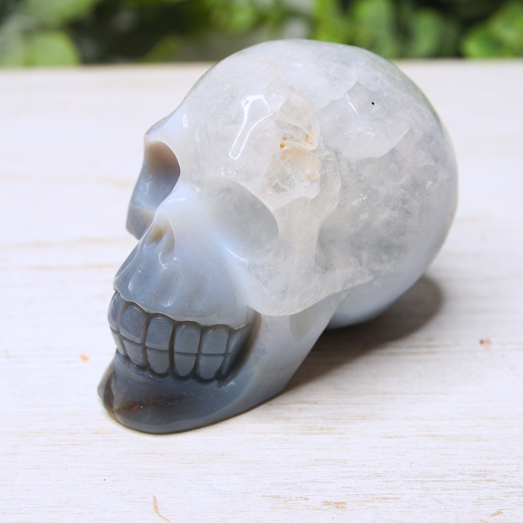 Agate Skull Large Teeth Carved Druzy Crystal Carving Home Decor Sculpture Altar Reiki Healing Energy Feng Shui