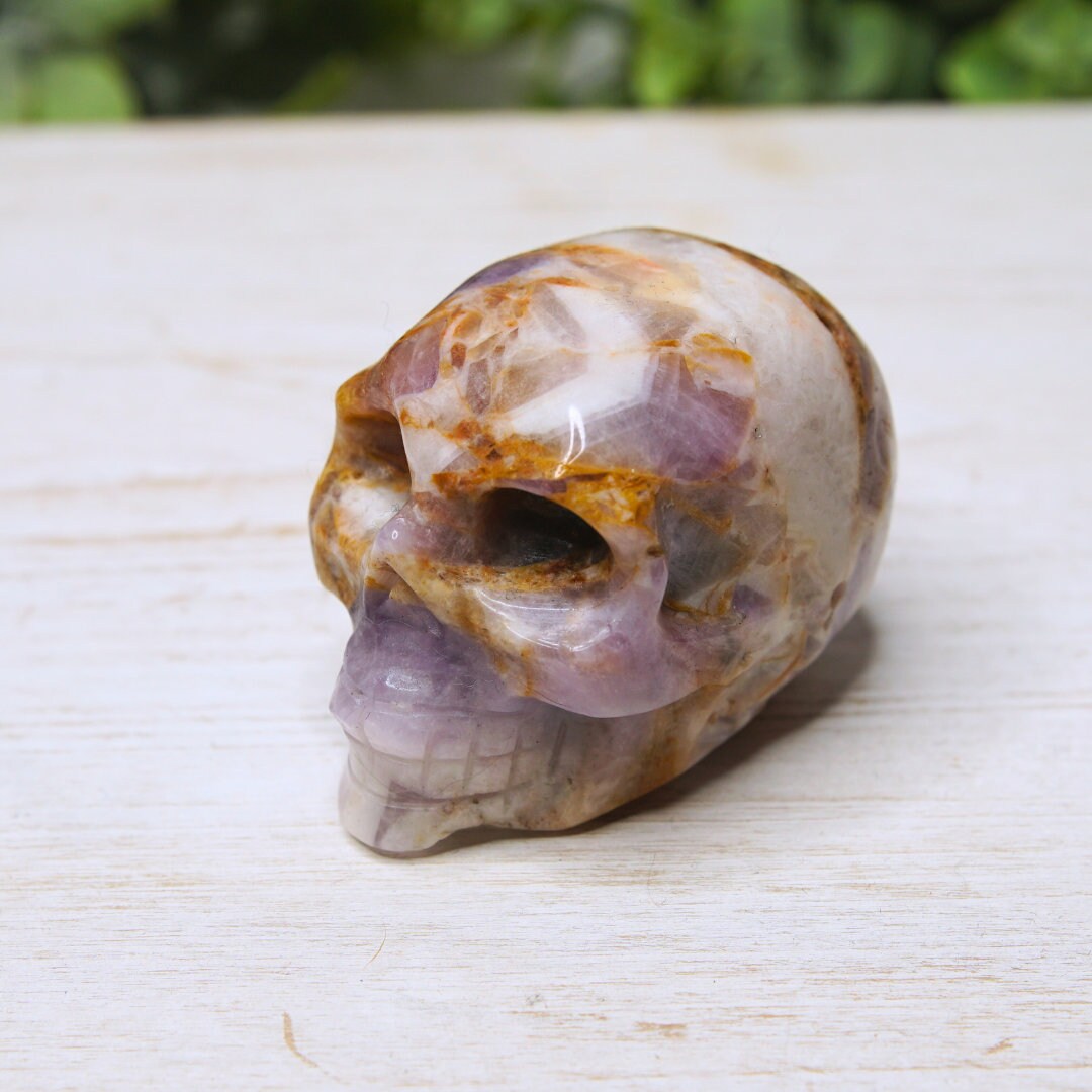 Amethyst Crystal Skull Carving, Chevron Healing Quartz Crystal Dream Amethyst Altar Feng Shui Altar Energy