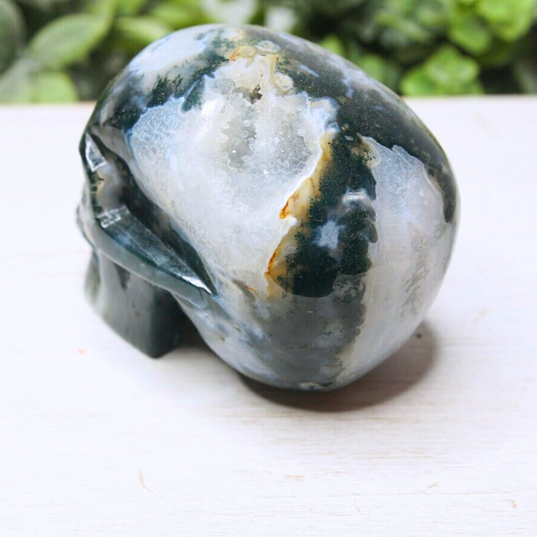 Moss Agate Skull Healing Crystal Druzy Moss Agate Carving Stone Statue Energy Goddess Body Energy Reiki Altar