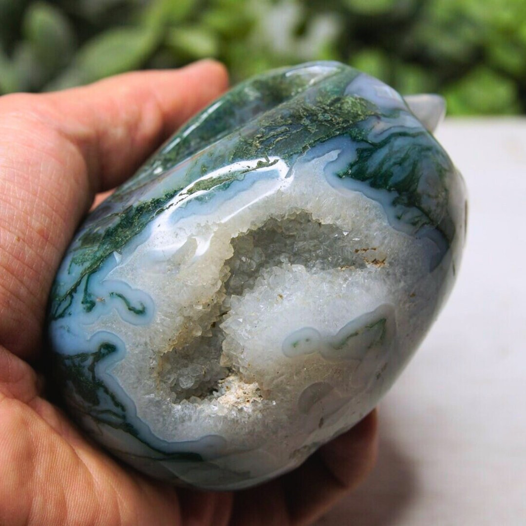 Moss Agate Carving Skull Druzy Healing Stone Crystal Sculpture Energy Goddess Body Energy Reiki Altar