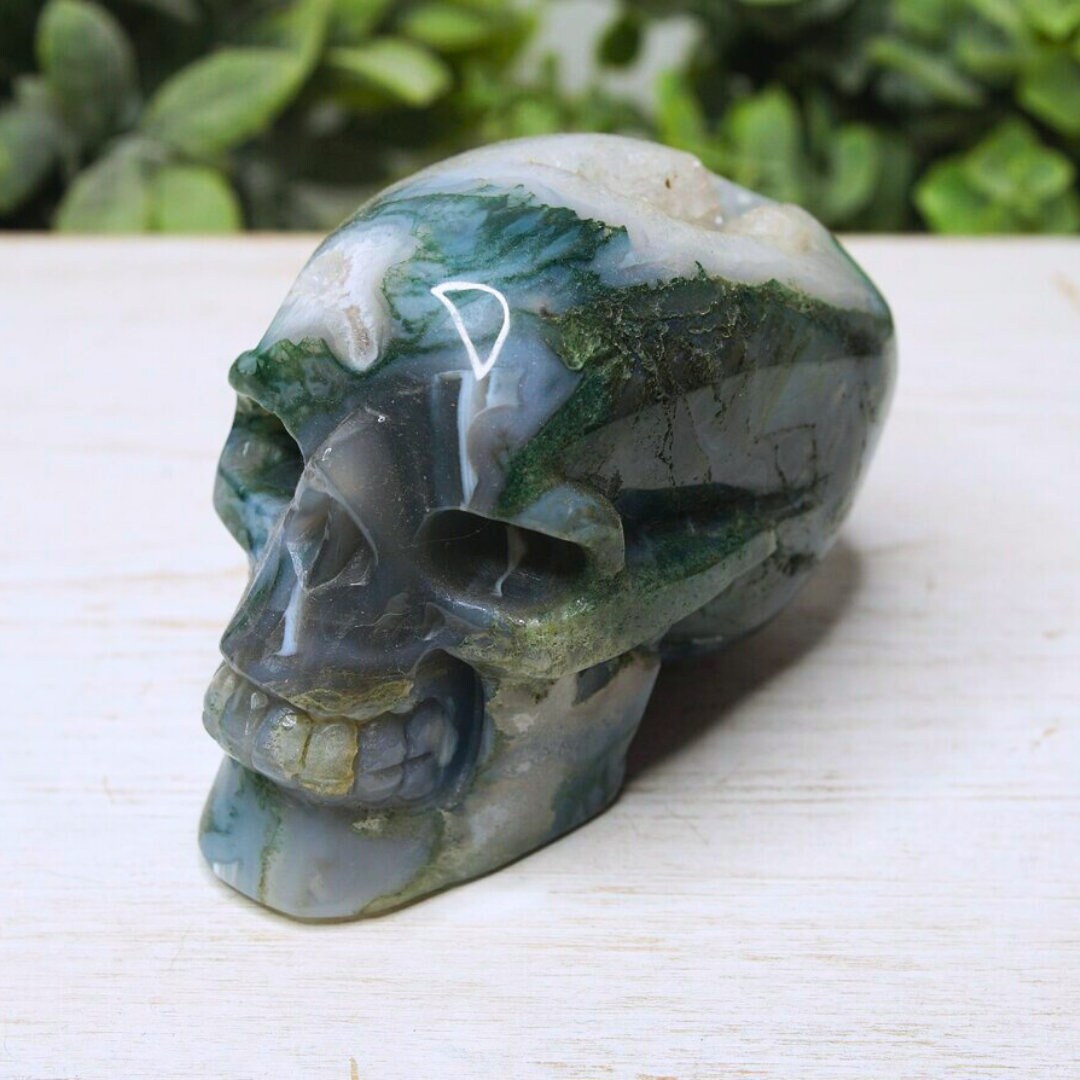 Moss Agate Carving Skull Druzy Healing Stone Crystal Sculpture Energy Goddess Body Energy Reiki Altar