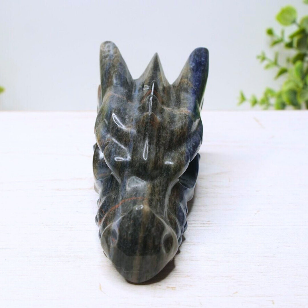 Lapis Dragon Head Carving Skull Sculpture Spiritual Meditation Energy Reiki Crystal Quartz Altar Feng Shui