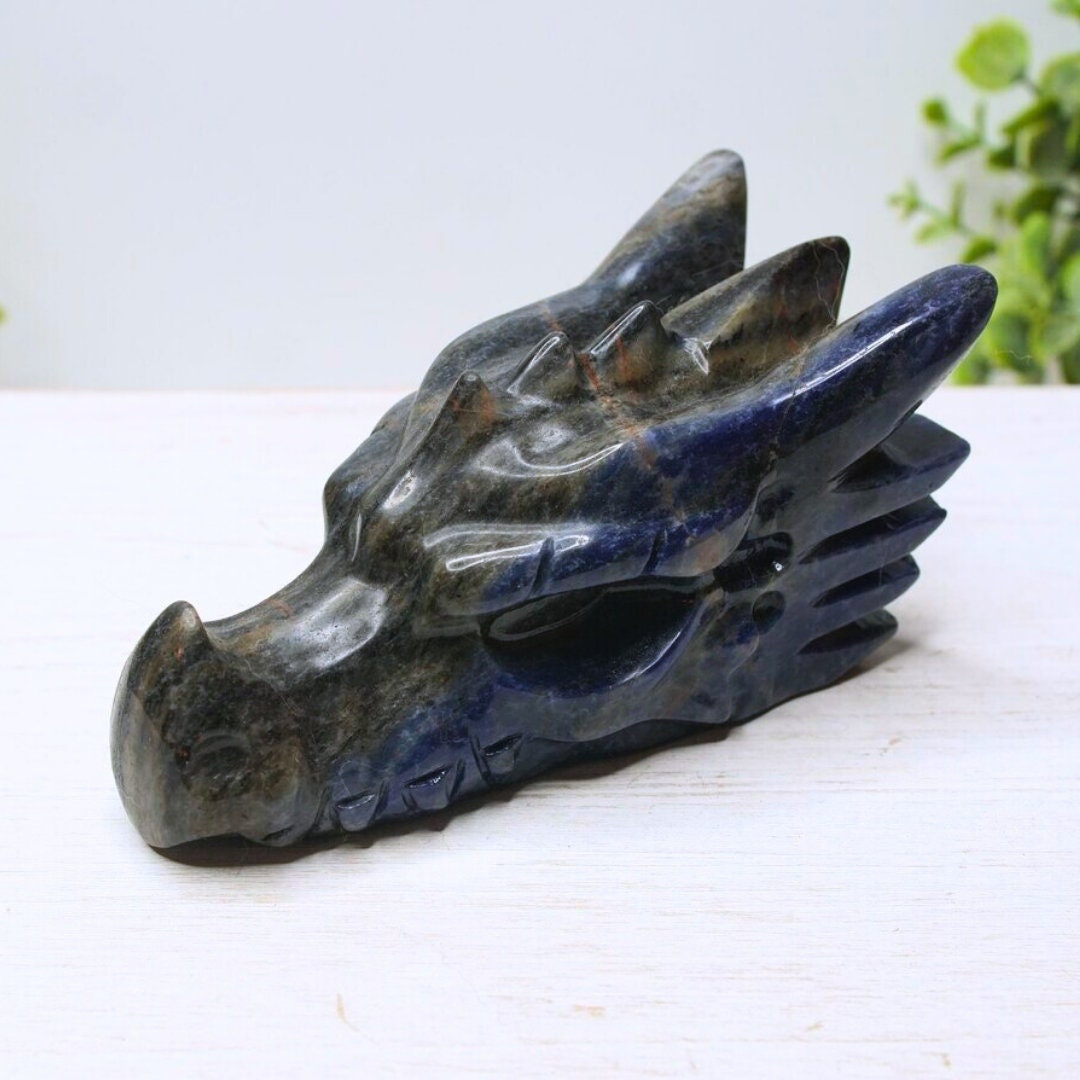 Lapis Dragon Head Carving Skull Sculpture Spiritual Meditation Energy Reiki Crystal Quartz Altar Feng Shui