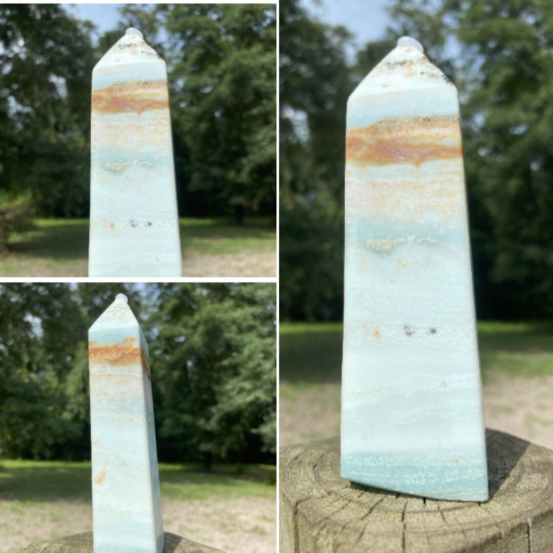 Caribbean Blue Calcite Tower Wand Point Gemstone Hexagonal Tower Healing Obelisk-Spiritual Protection Meditation Energy Reiki