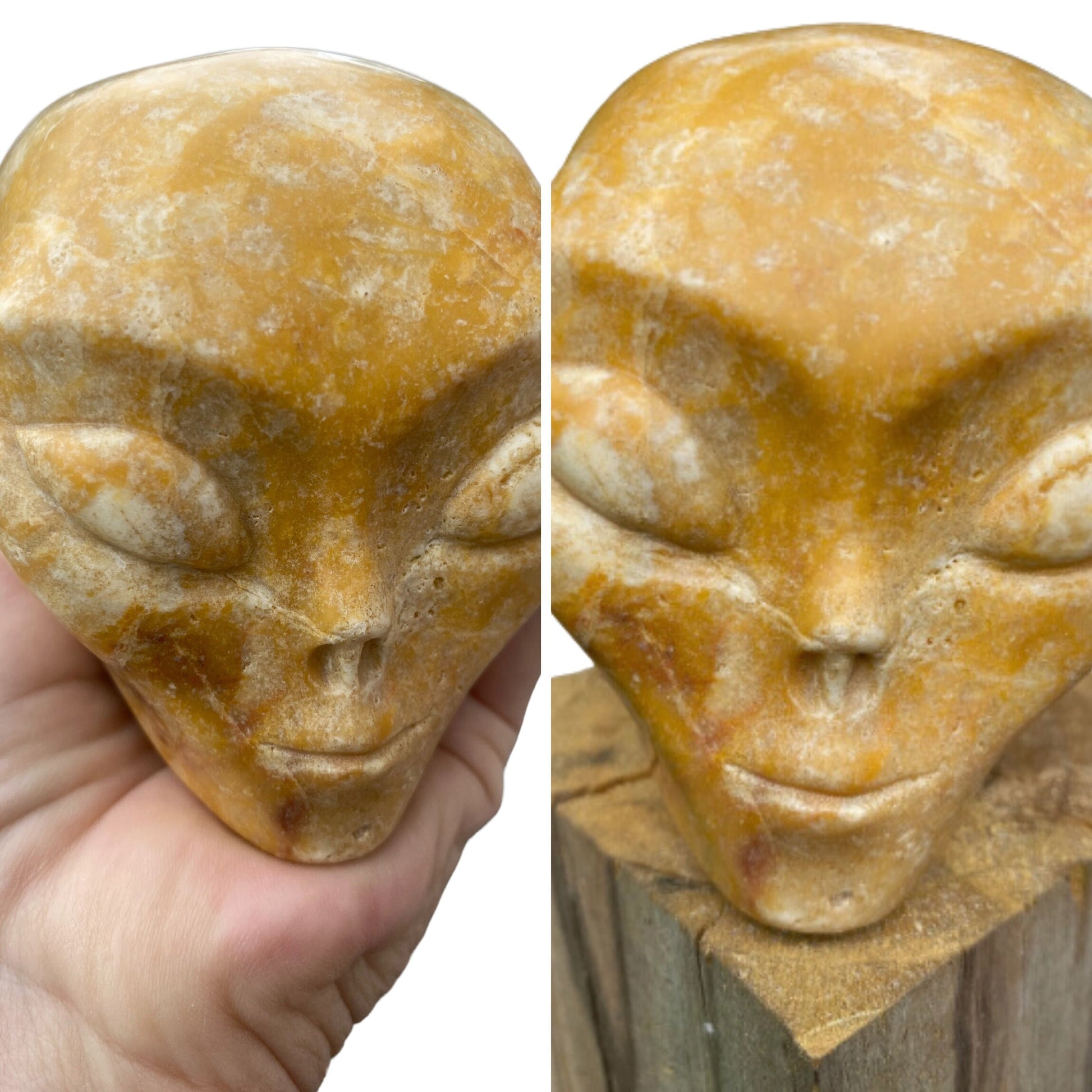 yellow jasper alien skull in hand