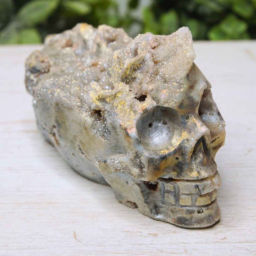 Angel Aura Sphalerite Quartz Cluster Crystal Skull 1.3 Pounds Altar Reiki Energy Druzy Gift