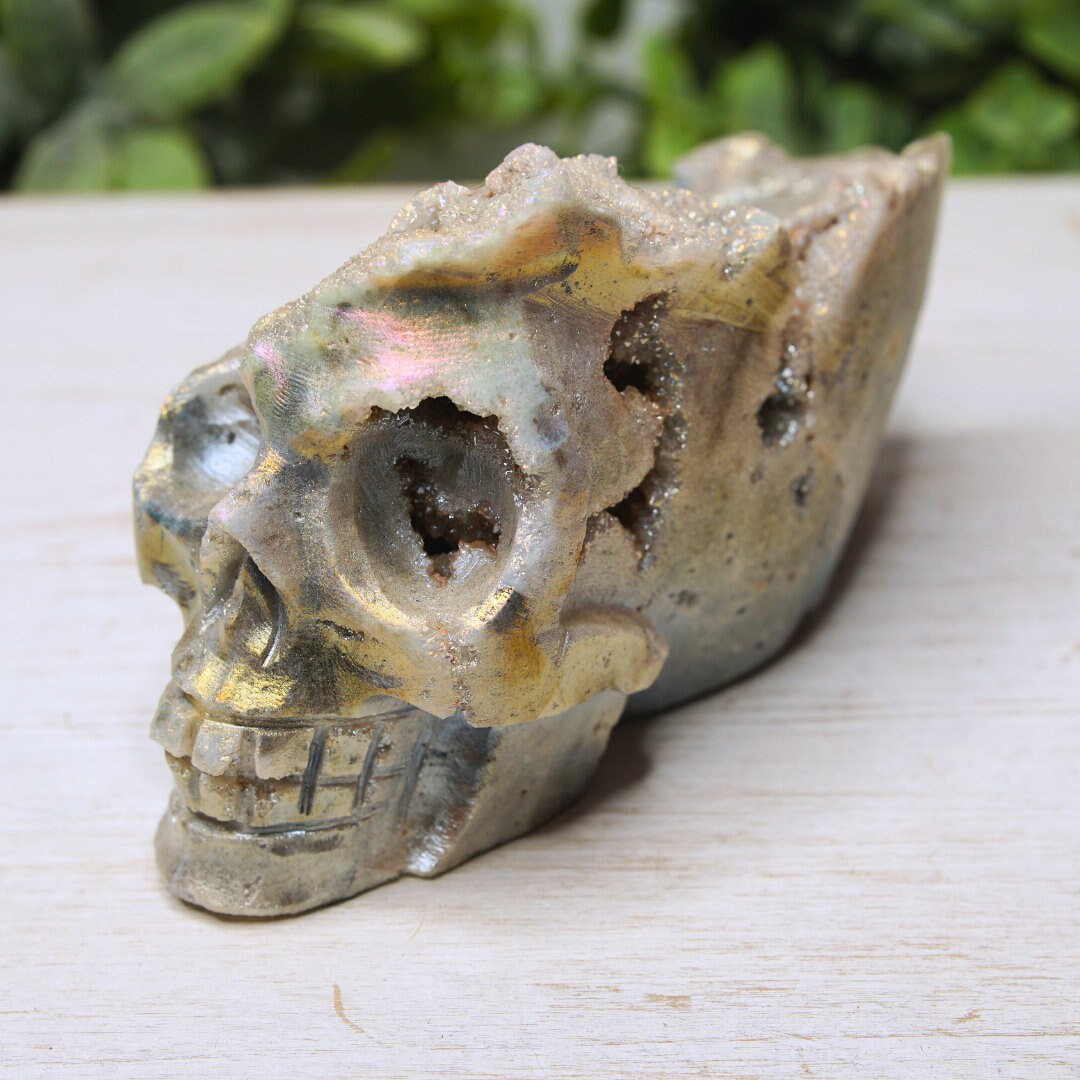 Angel Aura Sphalerite Quartz Cluster Crystal Skull 1.3 Pounds Altar Reiki Energy Druzy Gift