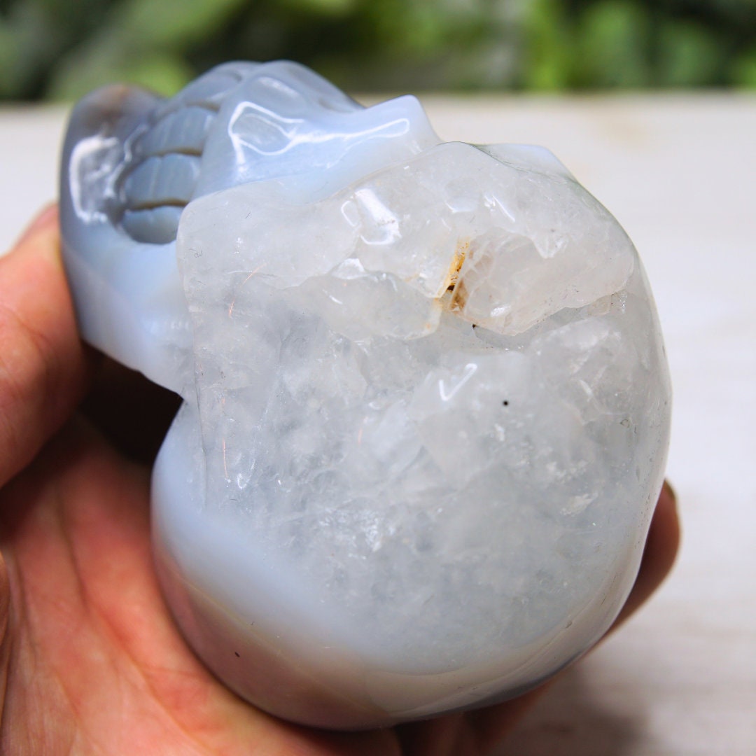 Agate Skull Large Teeth Carved Druzy Crystal Carving Home Decor Sculpture Altar Reiki Healing Energy Feng Shui
