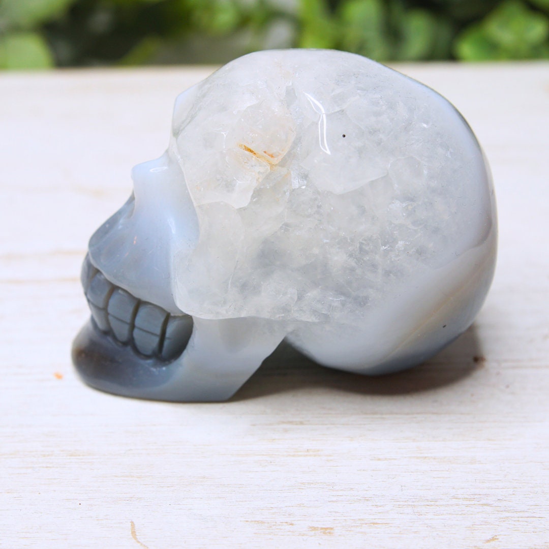 Agate Skull Large Teeth Carved Druzy Crystal Carving Home Decor Sculpture Altar Reiki Healing Energy Feng Shui