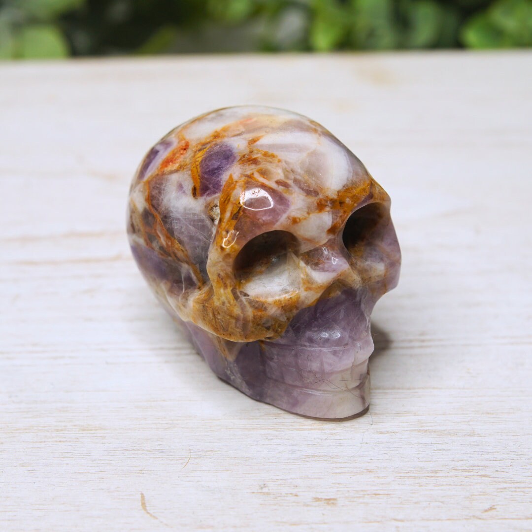 Amethyst Crystal Skull Carving, Chevron Healing Quartz Crystal Dream Amethyst Altar Feng Shui Altar Energy